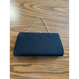Small black evening bag with silver tone chain